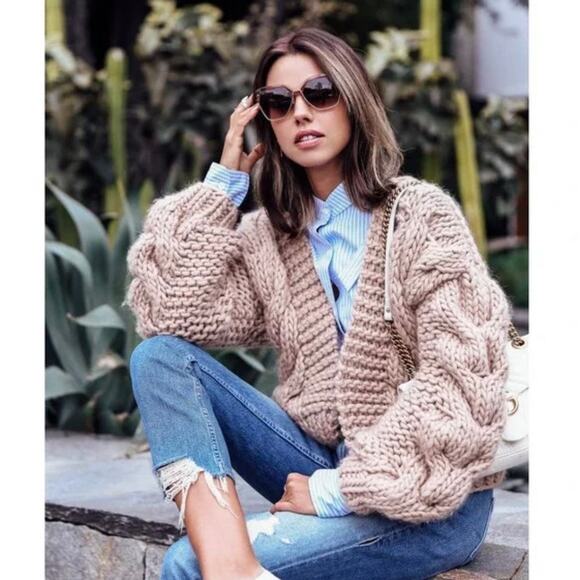 I Love Mr Mittens Taupe Cable Knit Hooded Bomber Wool Cardigan Sweater Size XS/S - Picture 1 of 6
